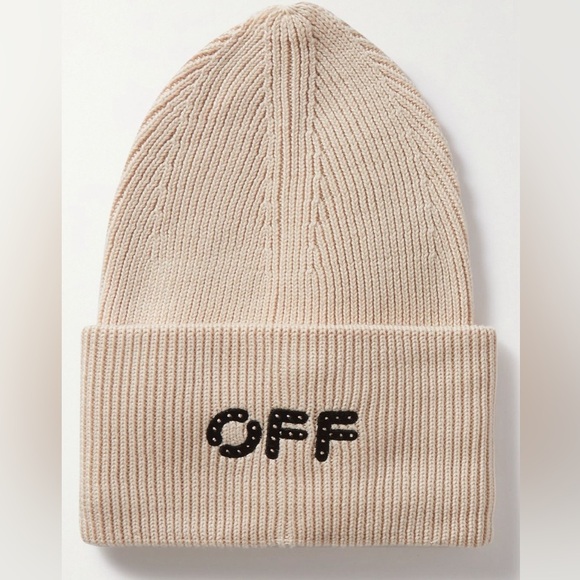 NEW OFF WHITE Ribbed Beanie Hat Sand Black Logo Cotton Cashmere Blend w/ Tags